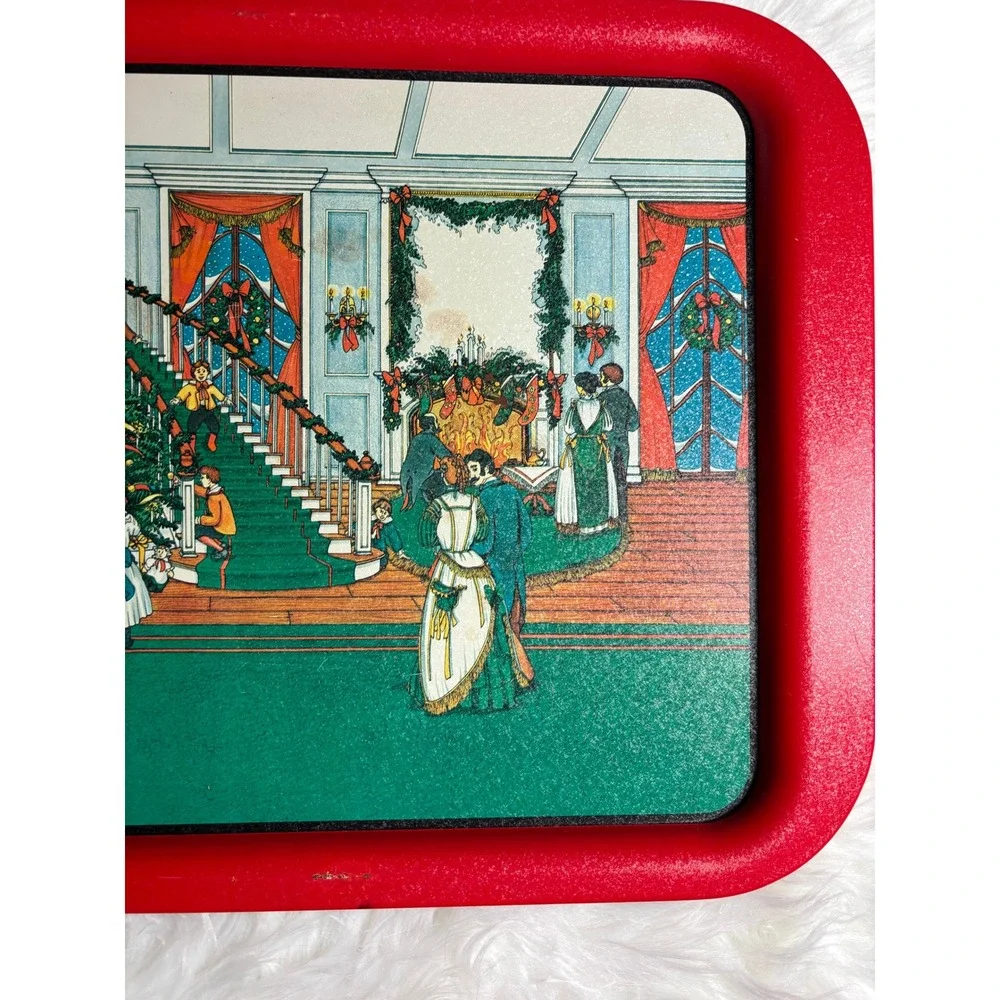 Potpourri Press Christmas Serving Tray Unisex Red Victorian Scene Metal Vintage